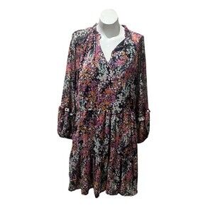 Vince Camuto  Dress Womens Size XL Black Multicolo Floral Tiered Babydoll V-Neck
